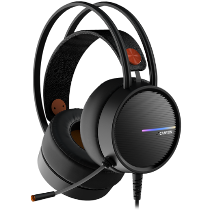 Picture of CANYON CANYON INTERCEPTOR GH-8A, Gaming headset 3.5mm jack plus USB connector for LED backlight, adjustable microphone and volume control, with 2in1 3.5mm adapter, cable 2M, Black and Orange, 0.36kg