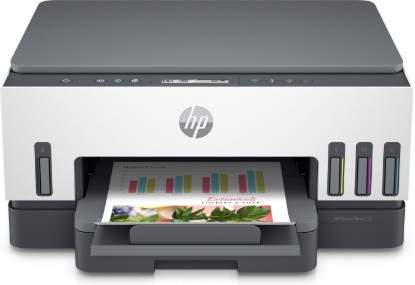 Picture of HP SMART TANK 720 ALL-IN-ONE PRINTER. PRINT, SCAN, COPY, WIRELESS. PRINT TECHNOLOGY: HP THERMAL INKJET. PRINT SPEED BLACK (A4, ISO): UP TO 15 PPM; COLOUR (A4, ISO): UP TO 9 PPM. MONTHLY DUTY CYCLE: UP TO 5,000 PAGES A4. RECOMMENDED MONTHLY PAGE VOLUME: 400 TO 800. DUPLEX PRINTING: AUTOMATIC. SCAN FILE FORMAT: BMP, JPEG, TIFF, PDF, PNG. SCANNER SPECS: SCANNER TYPE: FLATBED ONLY; SCAN INPUT MODES: M