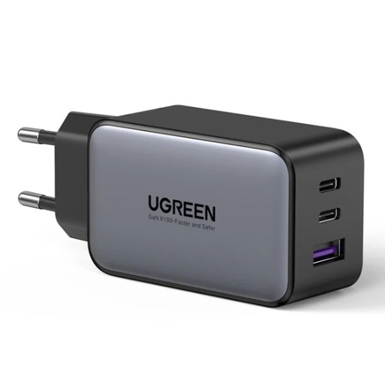 Picture of UGREEN 3 PORT GAN PD HOME CHARGER - 65W FEATURES TYPE-C PORT WITH POWER DELIVERY 3.0. FAST CHARGE YOUR PD COMPATIBLE DEVICES. YOUR MACBOOK AIR M2 CAN BE CHARGED FROM 0% TO 51% IN JUST 30 MINUTES. FEATURES: GAN TECHNOLOGY - MORE EFFICIENT, LESS HEAT, SMALLER. FAST CHARGING. CHARGE THREE DEVICES AT THE SAME TIME. USB C1/C2 OUTPUT - 65W. USB A OUTPUT - 22.5W. USB C1 + C2 OUTPUT - 45W + 20W. USB C1 + 