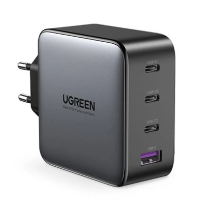 Picture of UGREEN 4 PORT GAN PD HOME CHARGER - 100W TYPE-C PORT WITH POWER DELIVERY 3.0. FAST CHARGE YOUR PD COMPATIBLE DEVICES. MACBOOK PRO 14 CAN BE CHARGED FROM 0% TO 55% IN JUST 30 MINUTES. FEATURES: GAN TECHNOLOGY - MORE EFFICIENT, LESS HEAT, SMALLER. FAST CHARGING. CHARGE FOUR DEVICES AT THE SAME TIME. USB C1/C2 OUTPUT - 100W. USB C3/USB A OUTPUT - 22.5W. USB C1 + C2 + C3 OUTPUT / USB C1 + C2 + USB A O
