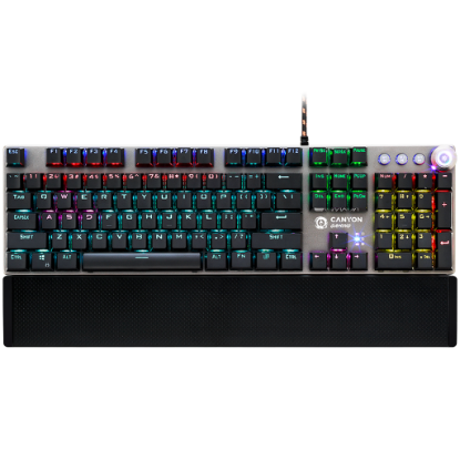 Picture of CANYON CANYON Nightfall GK-7, Wired Gaming Keyboard,Black 104 mechanical switches,60 million times key life, 22 types of lights,Removable magnetic wrist rest,4 Multifunctional control knob,Trigger actuation 1.5mm,1.6m Braided cable,US layout,dark grey, size:435*125*37.47mm